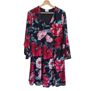 Dark Floral Dress with Bell Sleeves and V-neck, Size Medium